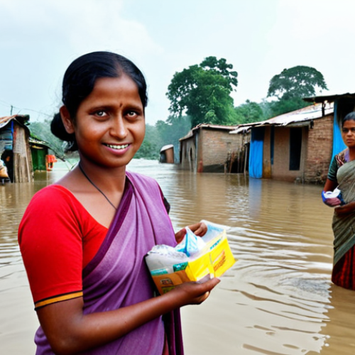 Home 8 **
A woman (Hejini) distributing food packages and supplies (water, clothes) to people affected by a flood in a rural area of Bangladesh. Focus on the emotion and gratitude of the recipients. The scene should depict the aftermath of a flood, with damaged houses in the background.
**