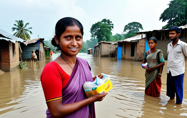 **
A woman (Hejini) distributing food packages and supplies (water, clothes) to people affected by a flood in a rural area of Bangladesh. Focus on the emotion and gratitude of the recipients. The scene should depict the aftermath of a flood, with damaged houses in the background.
**