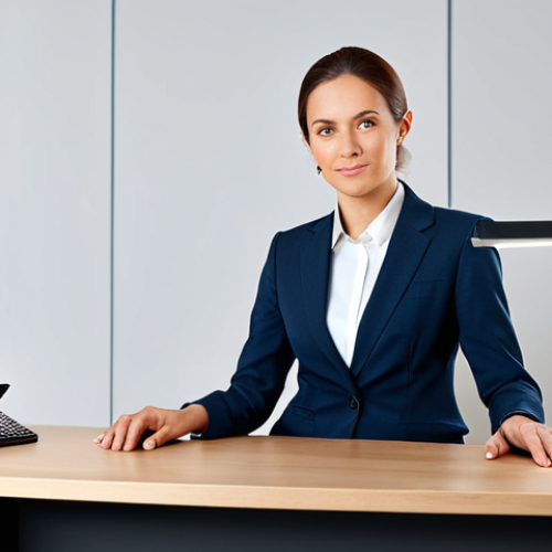 Home 3 헤이지니 콘텐츠의 SEO 전략 - A professional businesswoman in a modest business suit, sitting at a desk in a modern office, fully ...