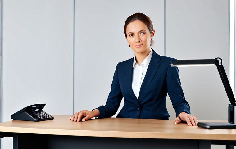 헤이지니 콘텐츠의 SEO 전략 - A professional businesswoman in a modest business suit, sitting at a desk in a modern office, fully ...