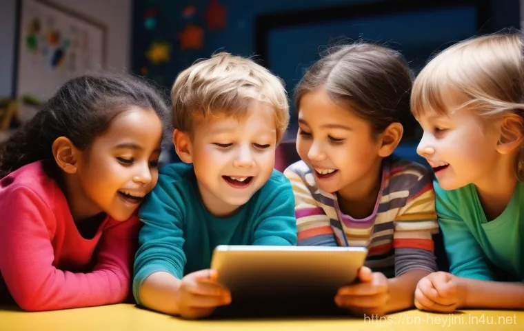 헤이지니의 목소리 성우 정보 - **Captivated Children by Hey Jini's Voice:**
    "A vibrant, high-angle shot of a diverse group of 5...