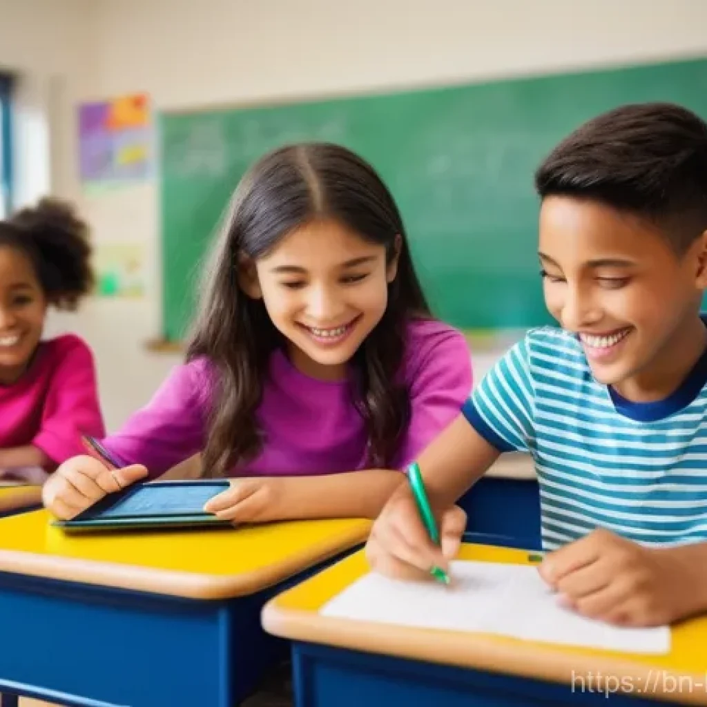 헤이지니 콘텐츠의 교사 활용법 - **Prompt:** A vibrant, modern classroom scene filled with a diverse group of elementary school child...