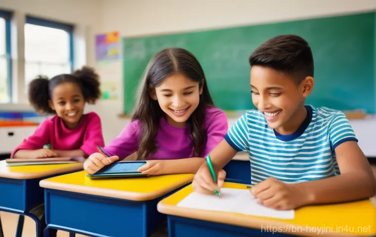 헤이지니 콘텐츠의 교사 활용법 - **Prompt:** A vibrant, modern classroom scene filled with a diverse group of elementary school child...