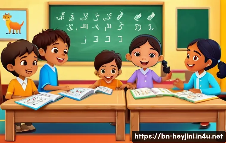 헤이지니와 유아용 콘텐츠의 차별화 - A vibrant and colorful animated classroom scene featuring Bengali children wearing neat, modest clot...