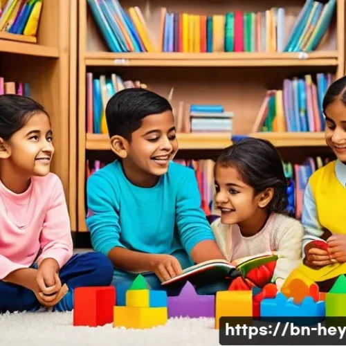 헤이지니의 브랜드 확장 가능성 - A vibrant, colorful scene depicting a diverse group of Bengali children engaging with educational to...