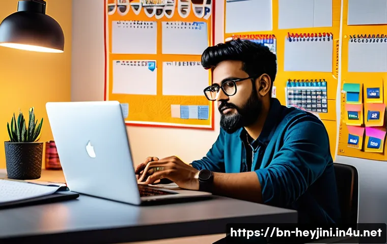 헤이지니의 초보 크리에이터 가이드 - A creative Bengali content creator sitting at a modern desk with a laptop, smartphone, and camera eq...