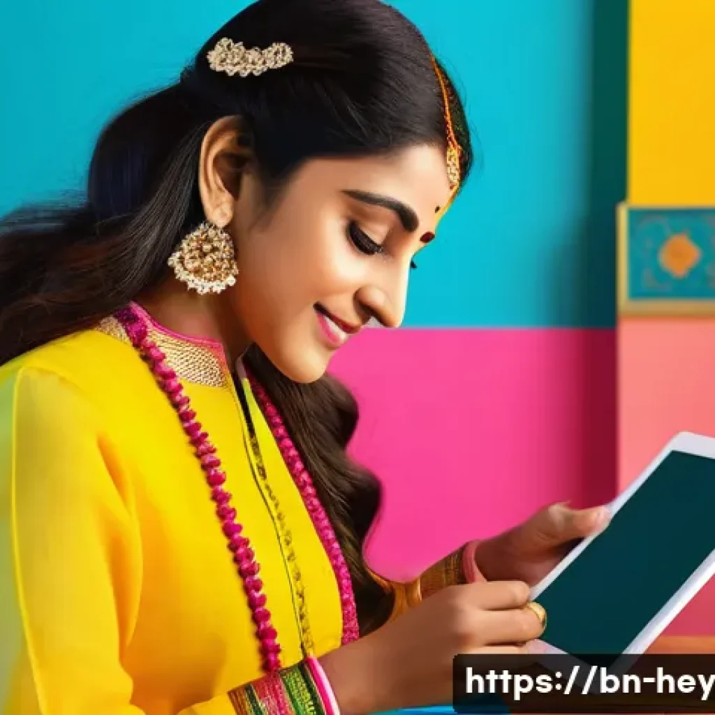 헤이지니 콘텐츠의 컬러 스토리 - A vibrant digital artwork showcasing a creative video content creator from Bengal surrounded by a ha...