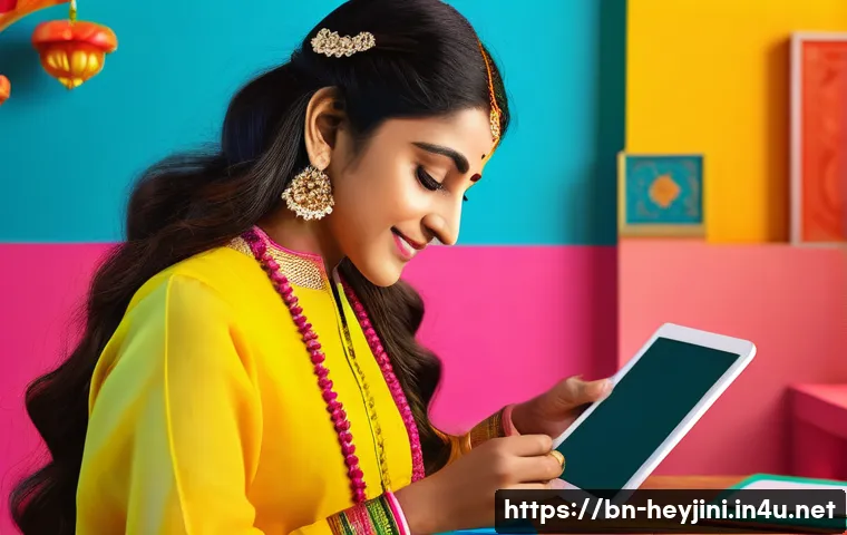 헤이지니 콘텐츠의 컬러 스토리 - A vibrant digital artwork showcasing a creative video content creator from Bengal surrounded by a ha...