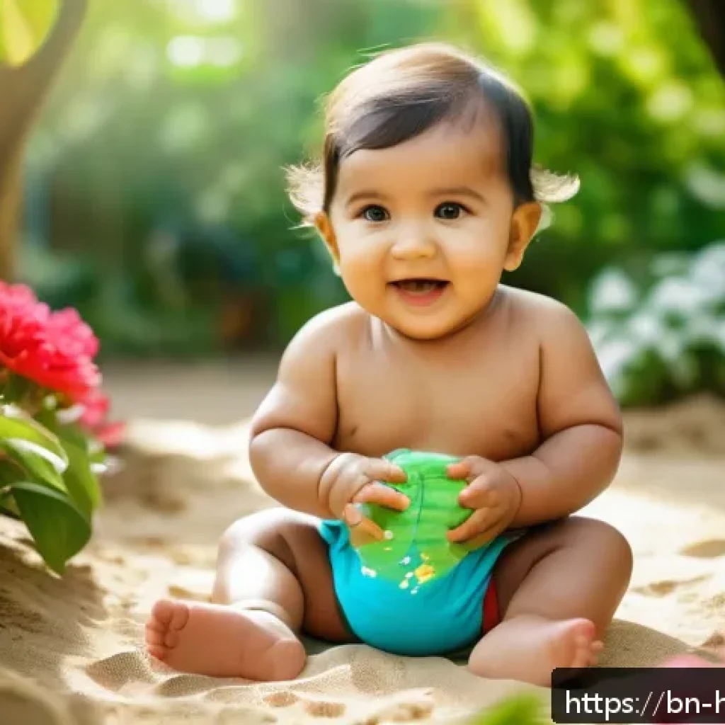 헤이지니 캐릭터와 교육철학 - A joyful Bengali toddler wearing a colorful diaper, sitting in a lush garden surrounded by vibrant f...