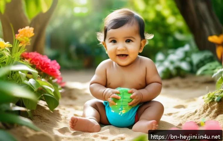 헤이지니 캐릭터와 교육철학 - A joyful Bengali toddler wearing a colorful diaper, sitting in a lush garden surrounded by vibrant f...