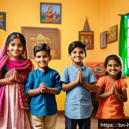 헤이지니와 창의적 놀이 콘텐츠 - A vibrant scene of Bengali children engaging in imaginative role play indoors, wearing colorful casu...