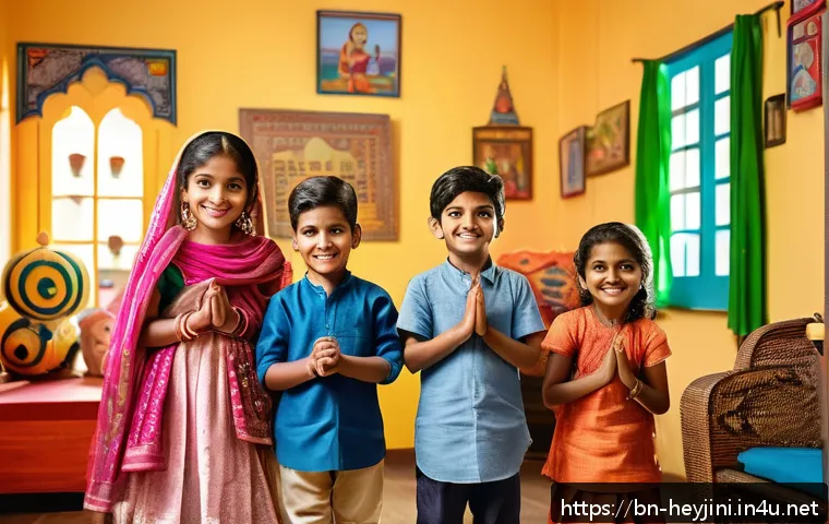 헤이지니와 창의적 놀이 콘텐츠 - A vibrant scene of Bengali children engaging in imaginative role play indoors, wearing colorful casu...