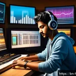 헤이지니의 음원 저작권 - A detailed digital illustration of a young Bengali music artist in a modern recording studio, wearin...