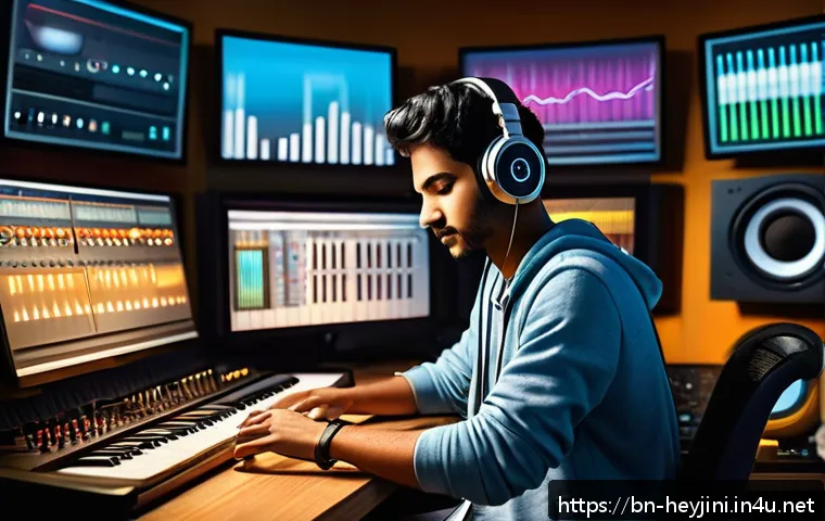 헤이지니의 음원 저작권 - A detailed digital illustration of a young Bengali music artist in a modern recording studio, wearin...