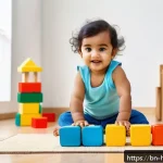 헤이지니와 교육적 놀이법 - A bright and colorful indoor playroom scene featuring a young Bengali toddler wearing a clean diaper...