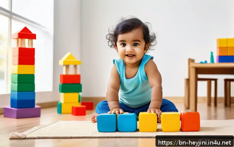 헤이지니와 교육적 놀이법 - A bright and colorful indoor playroom scene featuring a young Bengali toddler wearing a clean diaper...
