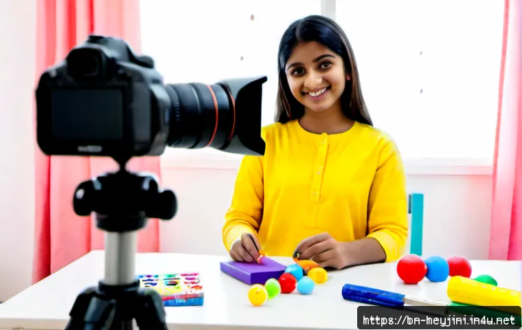 헤이지니 유튜브 채널 성장 비결 - Photorealistic scene of a cheerful young South Asian female children’s video creator in a bright col...