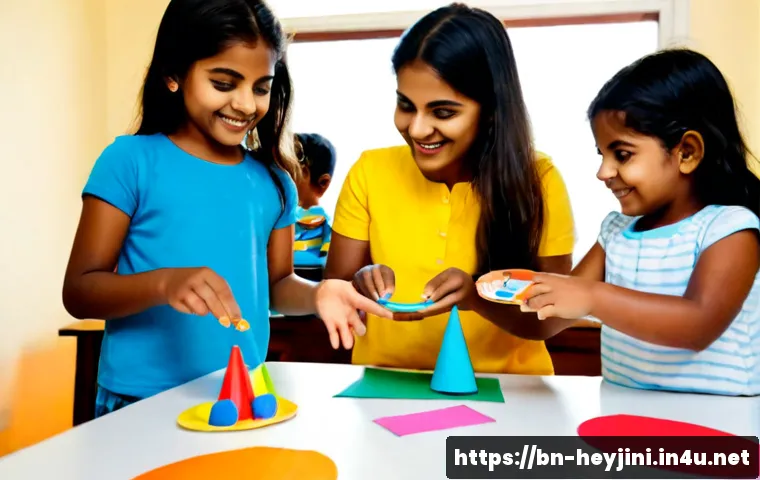 헤이지니와 어린이 상호작용 콘텐츠 - Photorealistic cheerful children’s content host leading an interactive craft activity with three Ben...